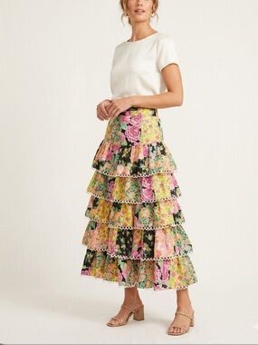 Calesas Tiered Floral Midi Skirt
